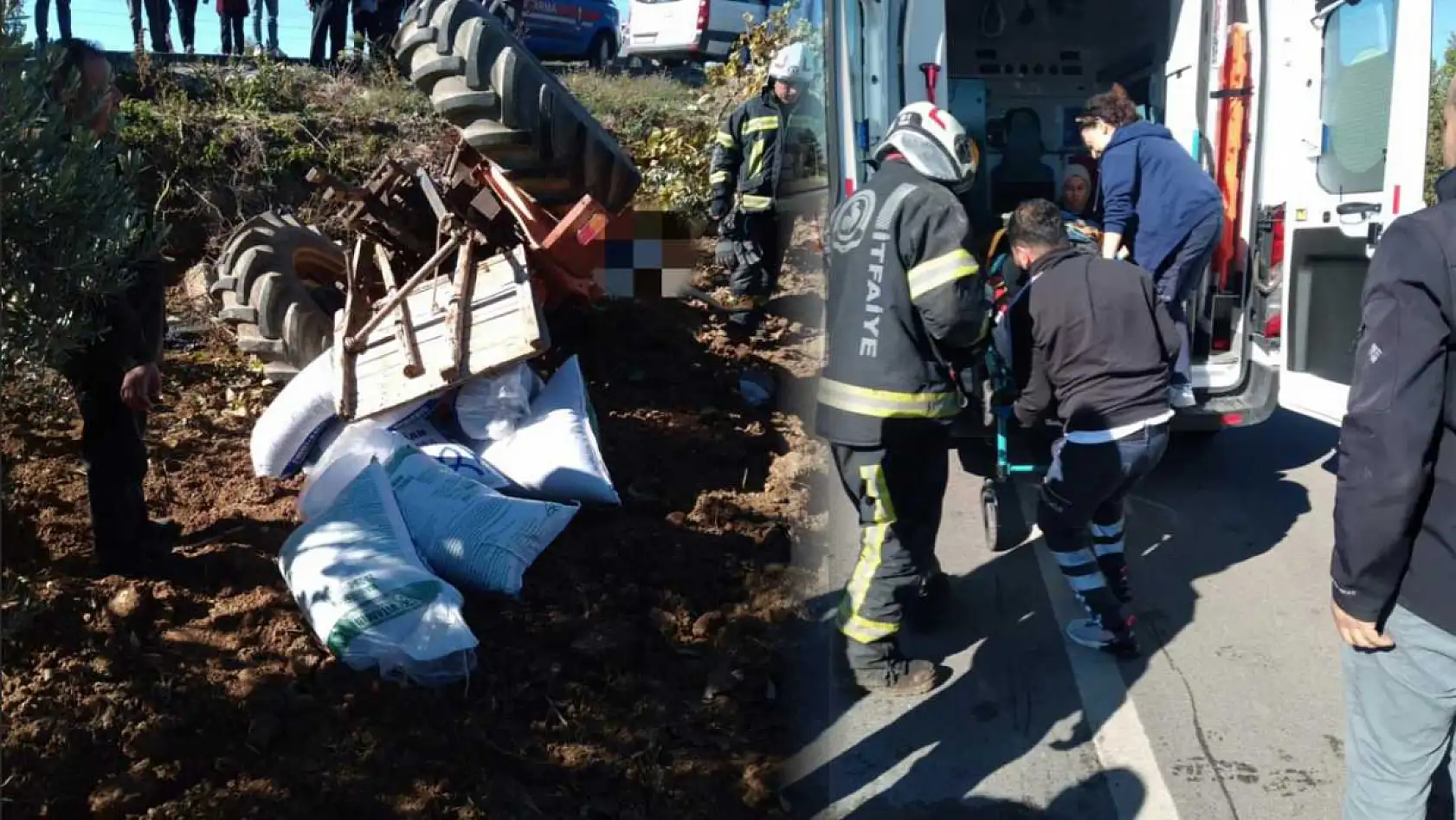 Gübre taşıyan traktör devrildi, sürücü altında kaldı