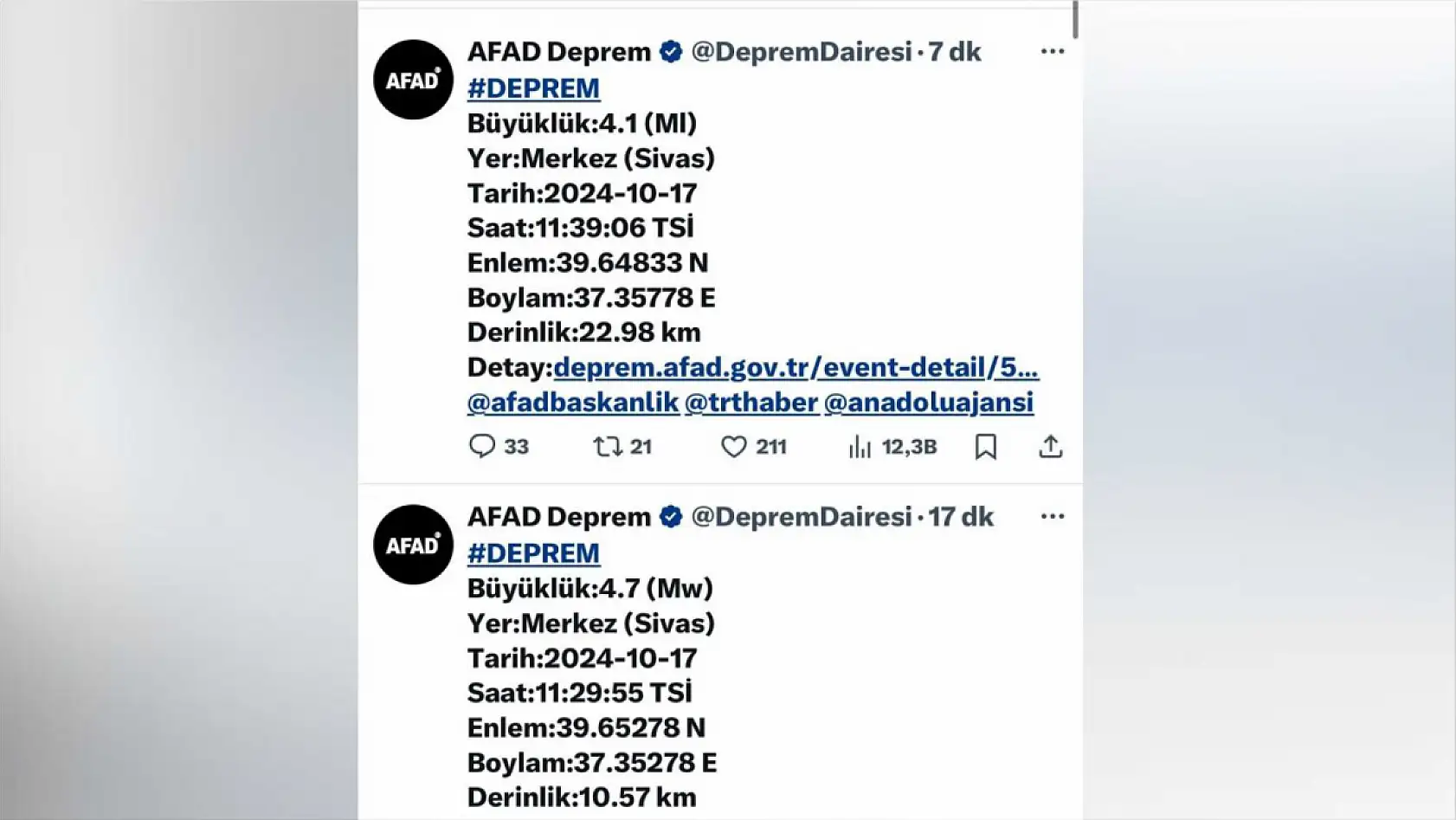 Sivas'ta 4.7 büyüklüğünde deprem