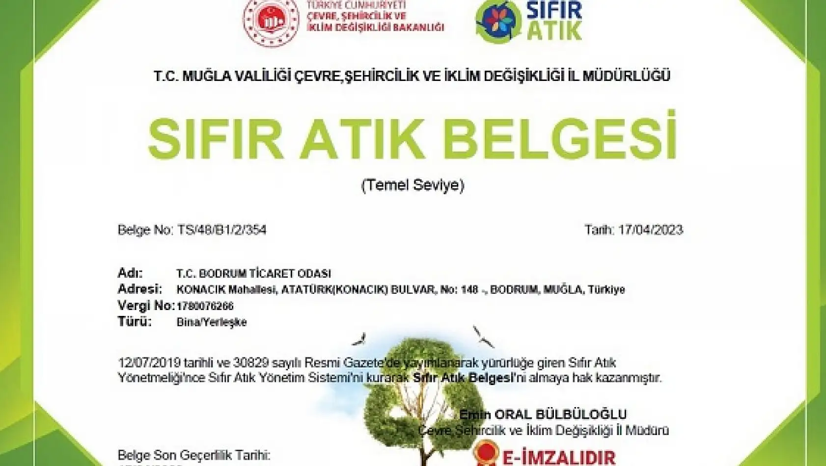 BODTO sıfır atık temel seviye belgesine kavuştu