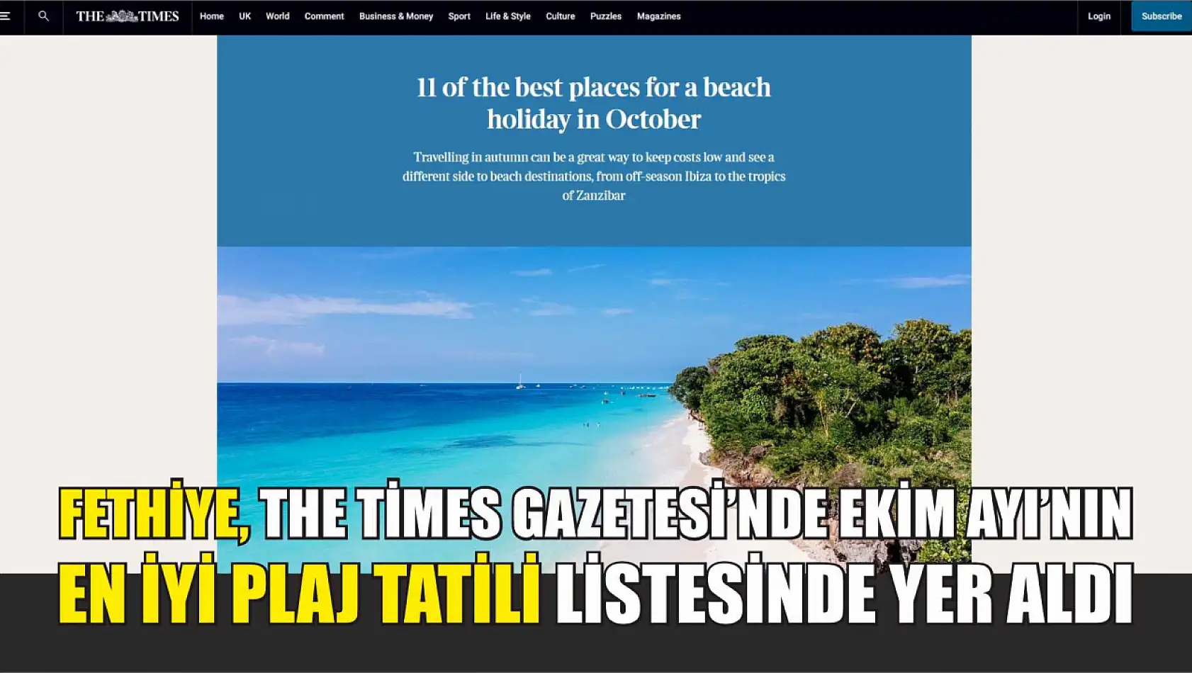 Fethiye, The Times gazetesinde Ekim Ayı'nın en iyi plaj tatili listesinde yer aldı