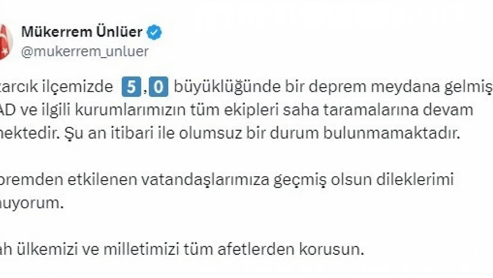 Kahramanmaraş Valisi Ünlüer: 'Şu an itibari ile olumsuz bir durum bulunmamaktadır'