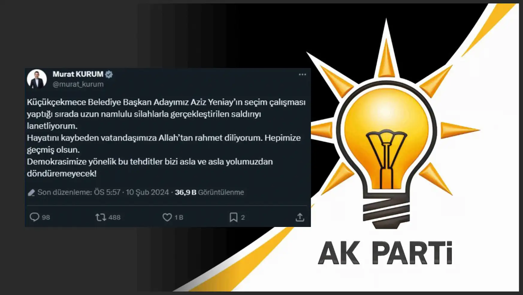 AK Parti'nin seçim ofisine uzun namlulu silah ile saldırı: 1 kişi hayatını kaybetti