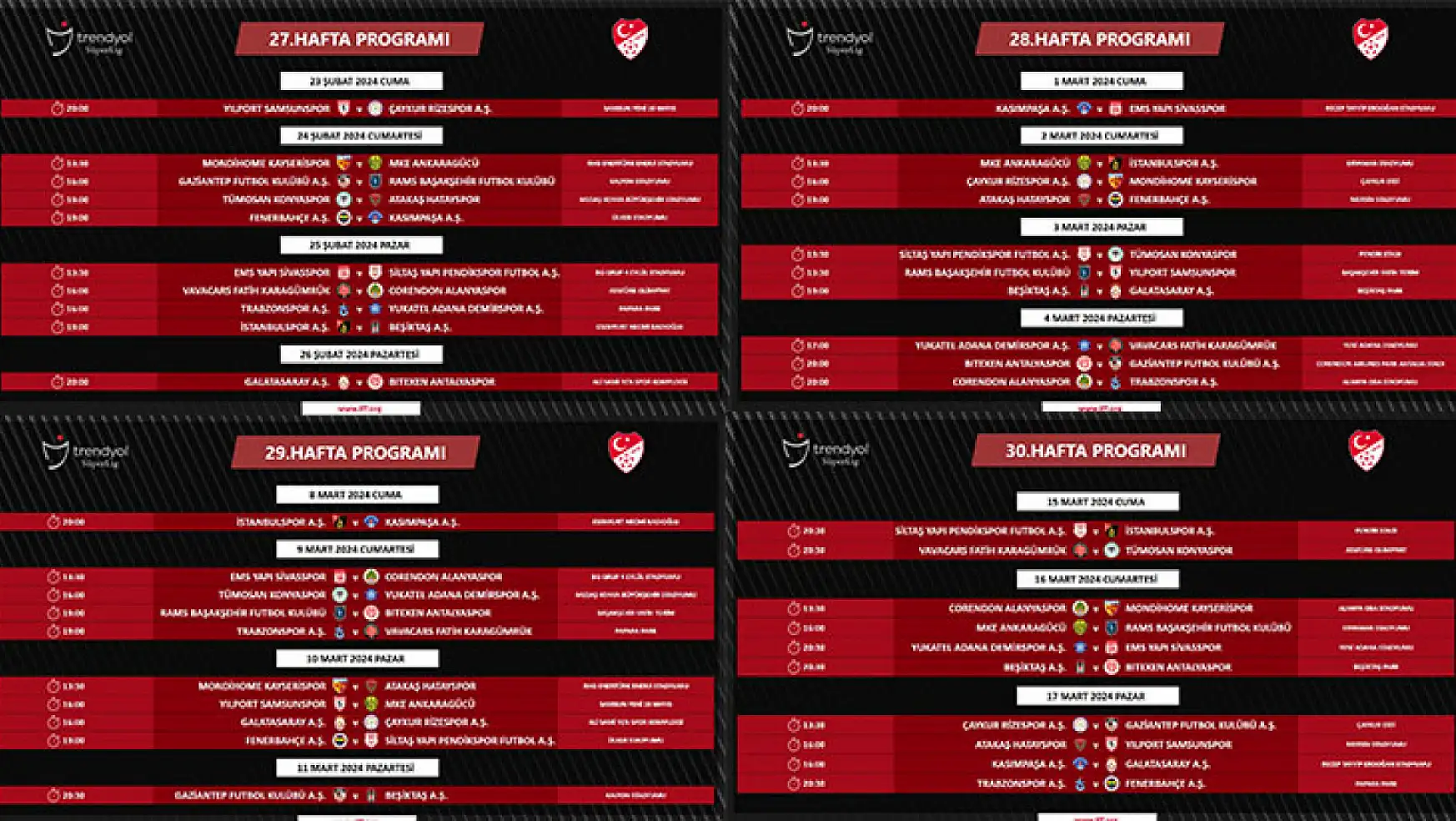 Süper Lig'de 27, 28, 29, 30. Hafta Maçlarının Programı Açıklandı