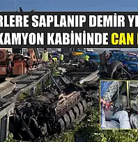 Bariyerlere saplanıp demir yığınına dönen kamyon kabininde can pazarı