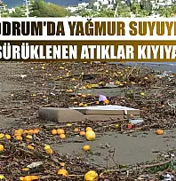 Bodrum'da yağmur suyuyla denize sürüklenen atıklar kıyıya vurdu