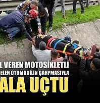 Yayaya yol veren motosikletli arkasından gelen otomobilin çarpmasıyla kanala uçtu