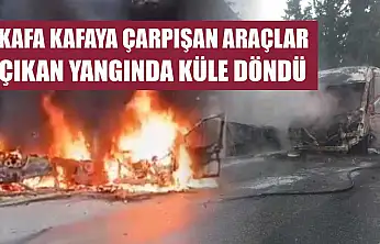 Kafa kafaya çarpışan araçlar çıkan yangında küle döndü