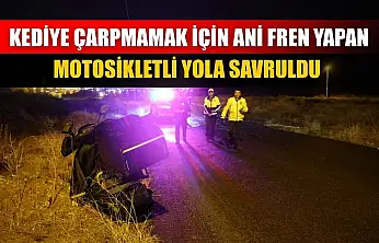 Kediye çarpmamak için ani fren yapan motosikletli yola savruldu