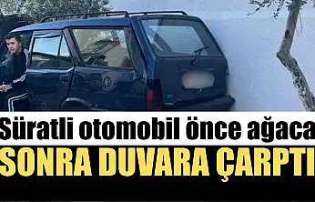 Süratli otomobil önce ağaca sonra duvara çarptı