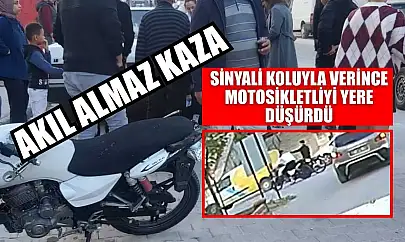 Akıl almaz kaza: Sinyali koluyla verince motosikletliyi yere düşürdü