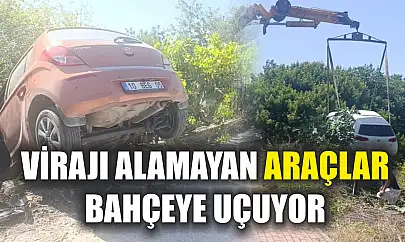 Virajı alamayan araçlar bahçeye uçuyor