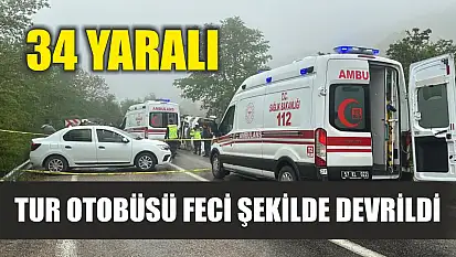 Tur otobüsü feci şekilde devrildi: 34 yaralı