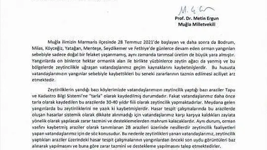Milletvekili Metin Ergun'dan bir soru önergesi de zeytinciler için
