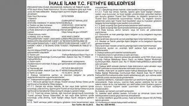 İHALE İLANI T.C FETHİYE BELEDİYESİ