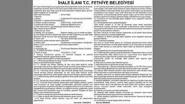İHALE İLANI T.C. FETHİYE BELEDİYESİ