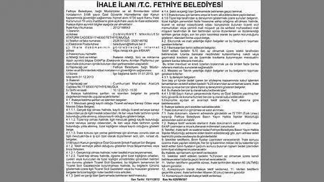 İHALE İLANI T.C. FETHİYE BELEDİYESİ