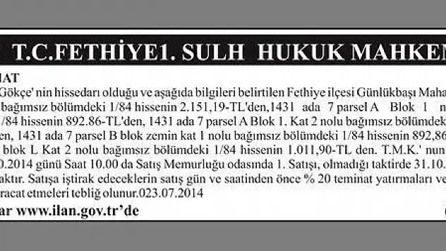 FETHİYE 1.SULH HUKUK MAHKEMESİNDEN