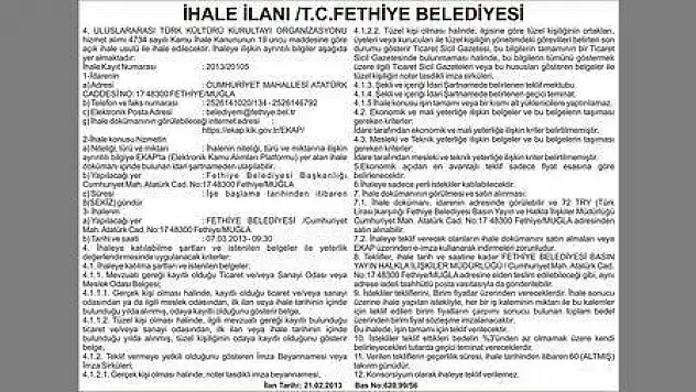 İHALE İLANI T.C.FETHİYE BELEDİYESİ