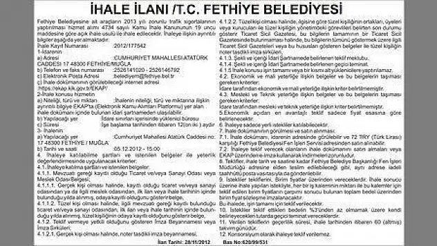 İHALE İLANI T.C. FETHİYE BELEDİYESİ