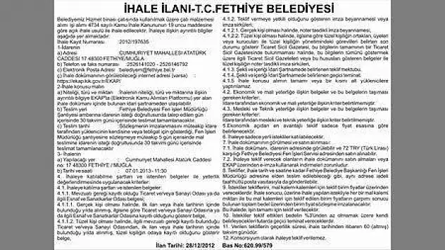 İHALE İLANI T.C.FETHİYE BELEDİYESİ