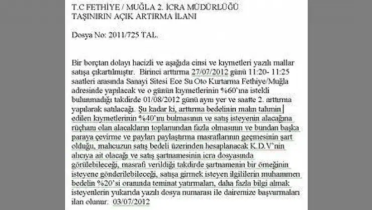 T.C FETHİYE  MUĞLA 2. İCRA MÜDÜRLÜĞÜ