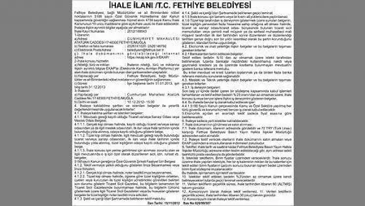 İHALE İLANI T.C. FETHİYE BELEDİYESİ