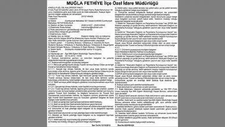 4 NOLU FUEL OİL KALORİFER YAKITI MUĞLA FETHİYE İlçe Özel İdare Müdürlüğü