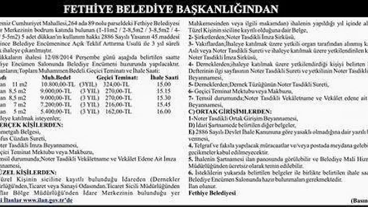 FETHİYE BELEDİYE BAŞKANLIĞINDAN