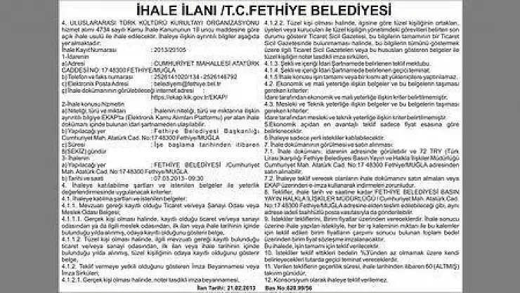 İHALE İLANI T.C.FETHİYE BELEDİYESİ