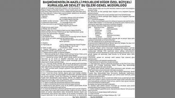 BAŞMÜHENDİSLİK-NAZİLLİ PROJELERİ DİĞER ÖZEL BÜTÇELİ KURULUŞLAR DEVLET SU İŞLERİ GENEL MÜDÜRLÜĞÜ