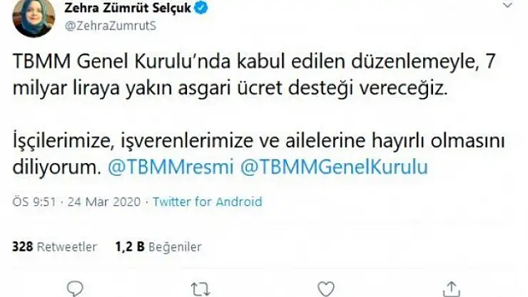 Çalışma Bakanı Zehra Zümrüt Selçuk: '7 milyar liraya yakın asgari ücret desteği vereceğiz'