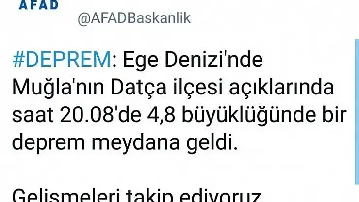 DATÇA AÇIKLARINDA 4.8 BÜYÜKLÜĞÜNDE DEPREM