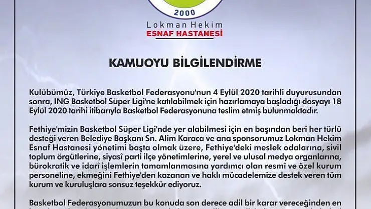 L.H. Fethiye Belediyespor dosyayı Federasyona teslim etti