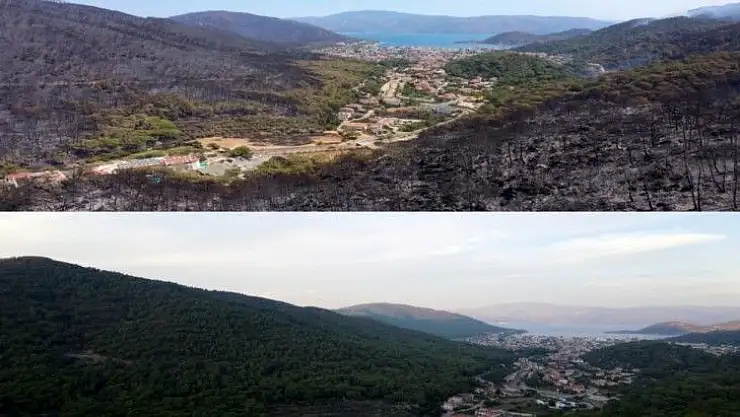 Marmaris'in yangın öncesi ve sonrası havadan görüntüleri, felaketin boyutunu gözler önüne serdi