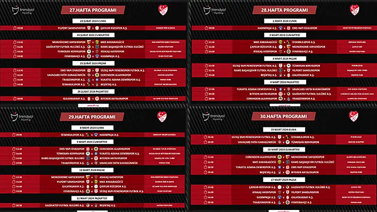 Süper Lig'de 27, 28, 29, 30. Hafta Maçlarının Programı Açıklandı