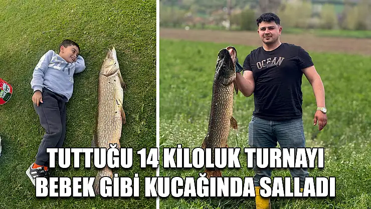 Tuttuğu 14 kiloluk turnayı bebek gibi kucağında salladı