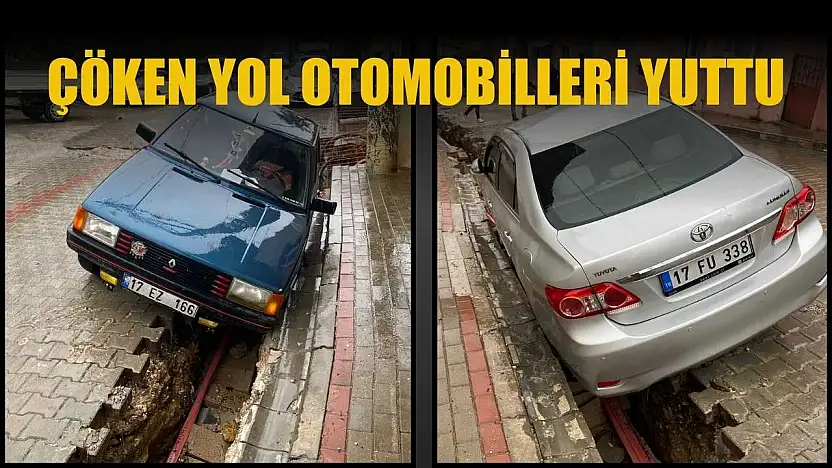Çöken yol otomobilleri yuttu