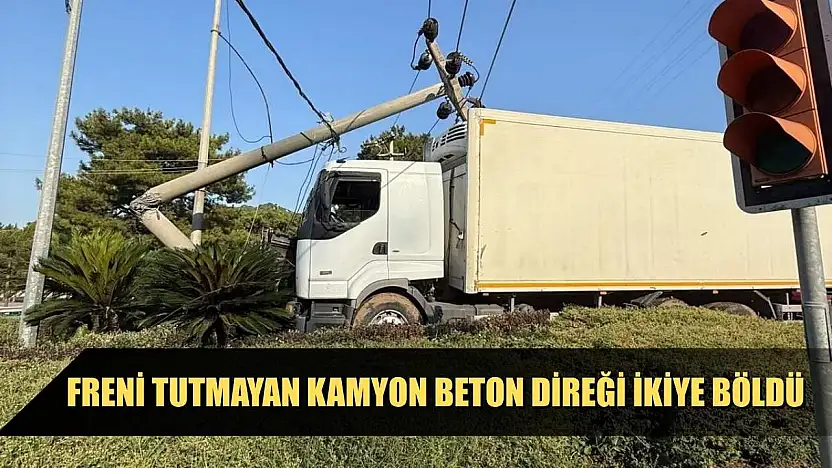 Freni tutmayan kamyon beton direği ikiye böldü