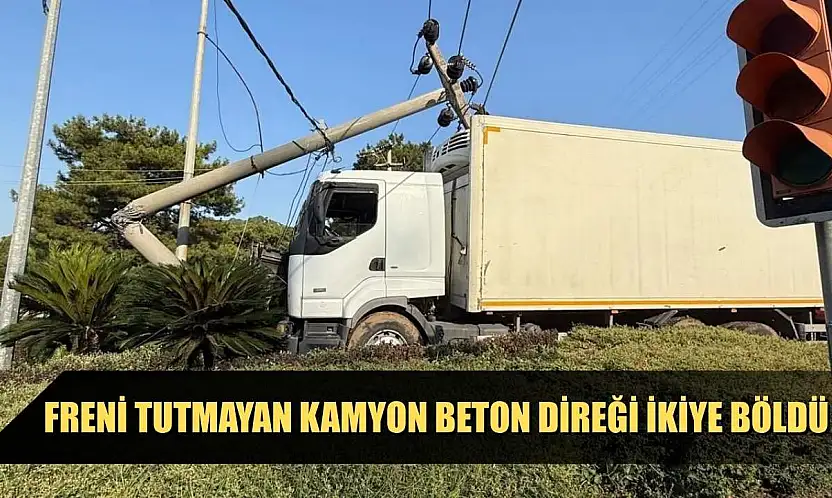 Freni tutmayan kamyon beton direği ikiye böldü