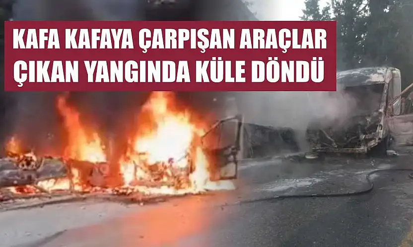 Kafa kafaya çarpışan araçlar çıkan yangında küle döndü