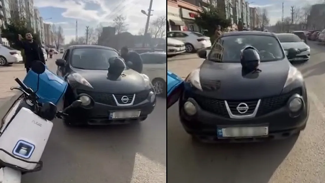 Otomobil sürücüsü ile motosikletli kurye arasındaki gerginlik kamerada