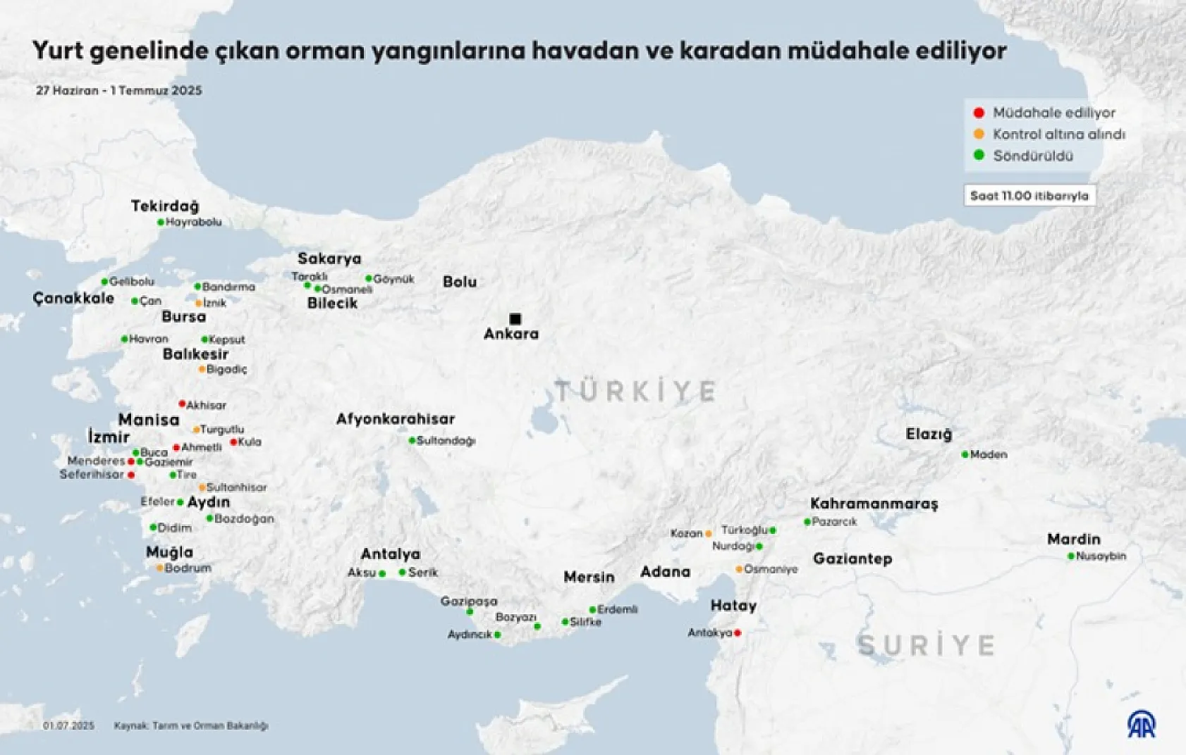 İzmir, Manisa, Isparta ve Hatay'daki orman yangınlarına müdahale sürüyor