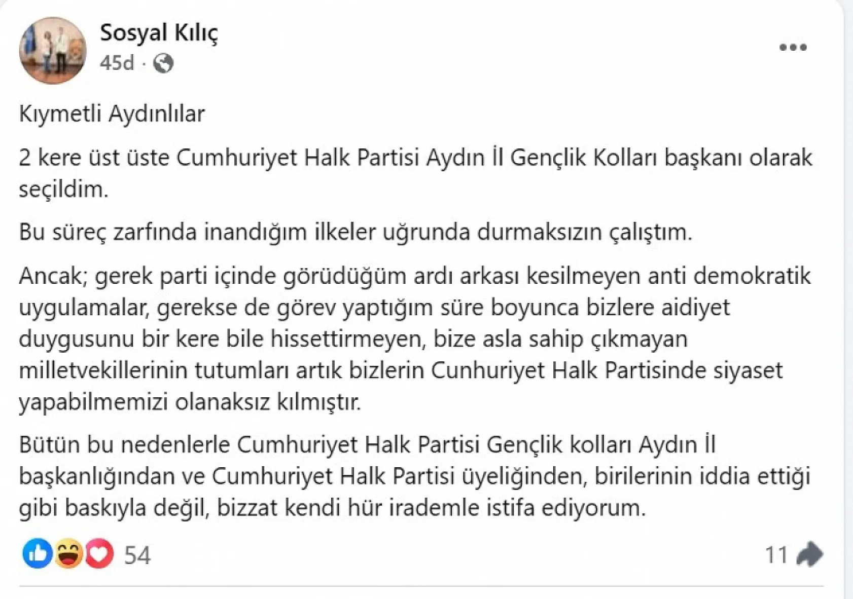 CHP Aydın İl Gençlik Kolları Başkanı Kılıç istifasını açıkladı