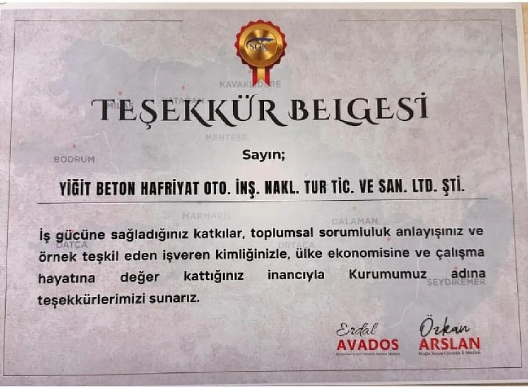 Yiğit İnşaat'a SGK Müdürü Avados'tan Teşekkür Belgesi