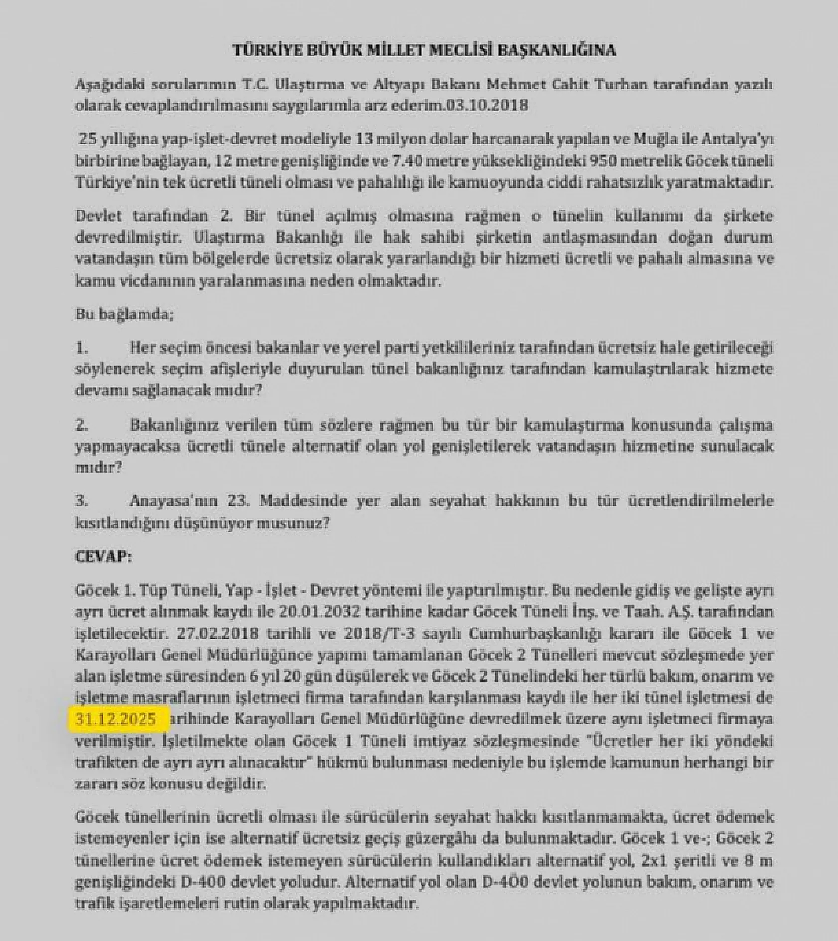 Ücretsiz olacak Göcek Tüneli'nin devlete devir süresi uzatıldı