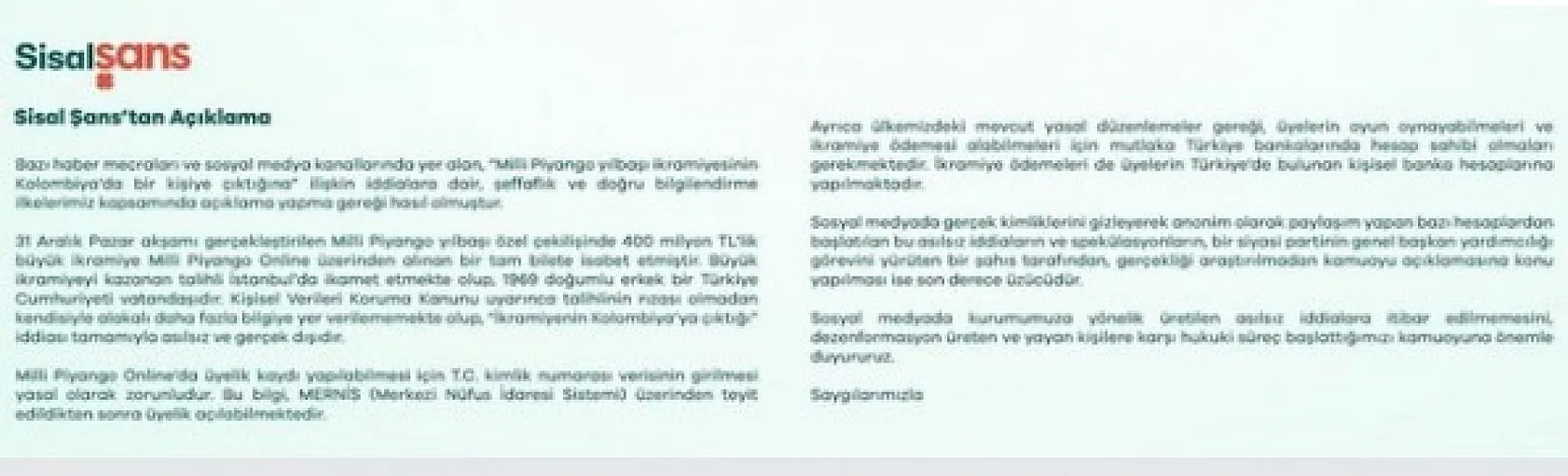 Milli Piyango'dan 'Kolombiya' İddialarına Yanıt! Piyango Türkiye'ye Çıkmış!