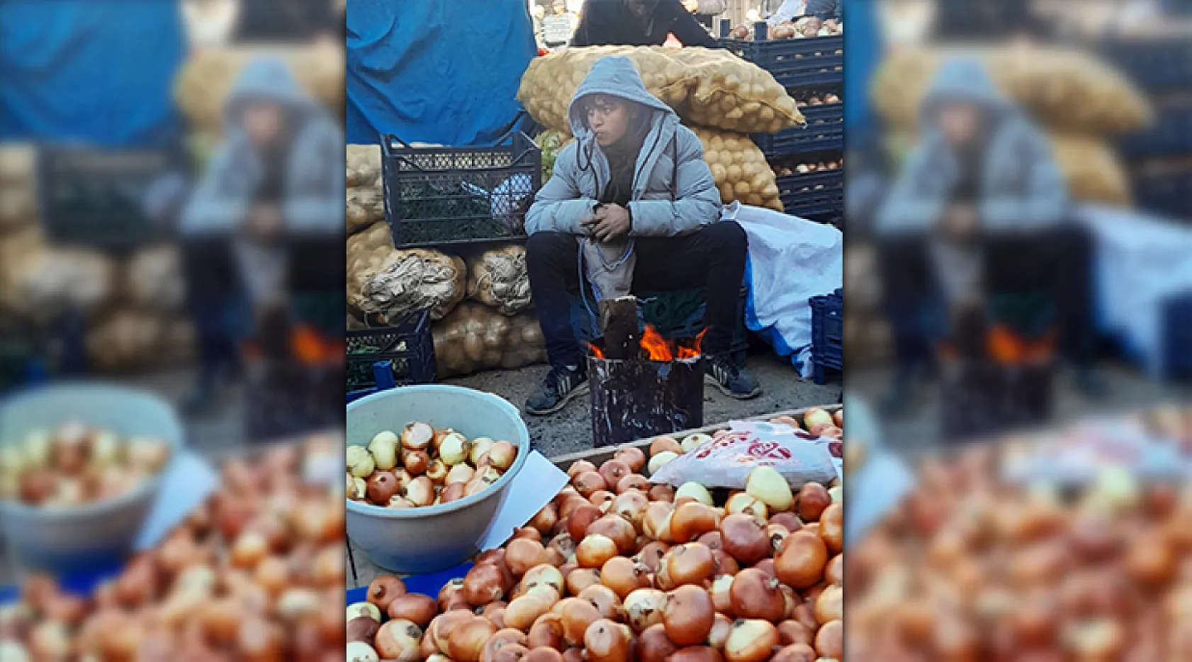 Soğuk pazara vurdu, pazarcılar çareyi ateş yakmakta buldu