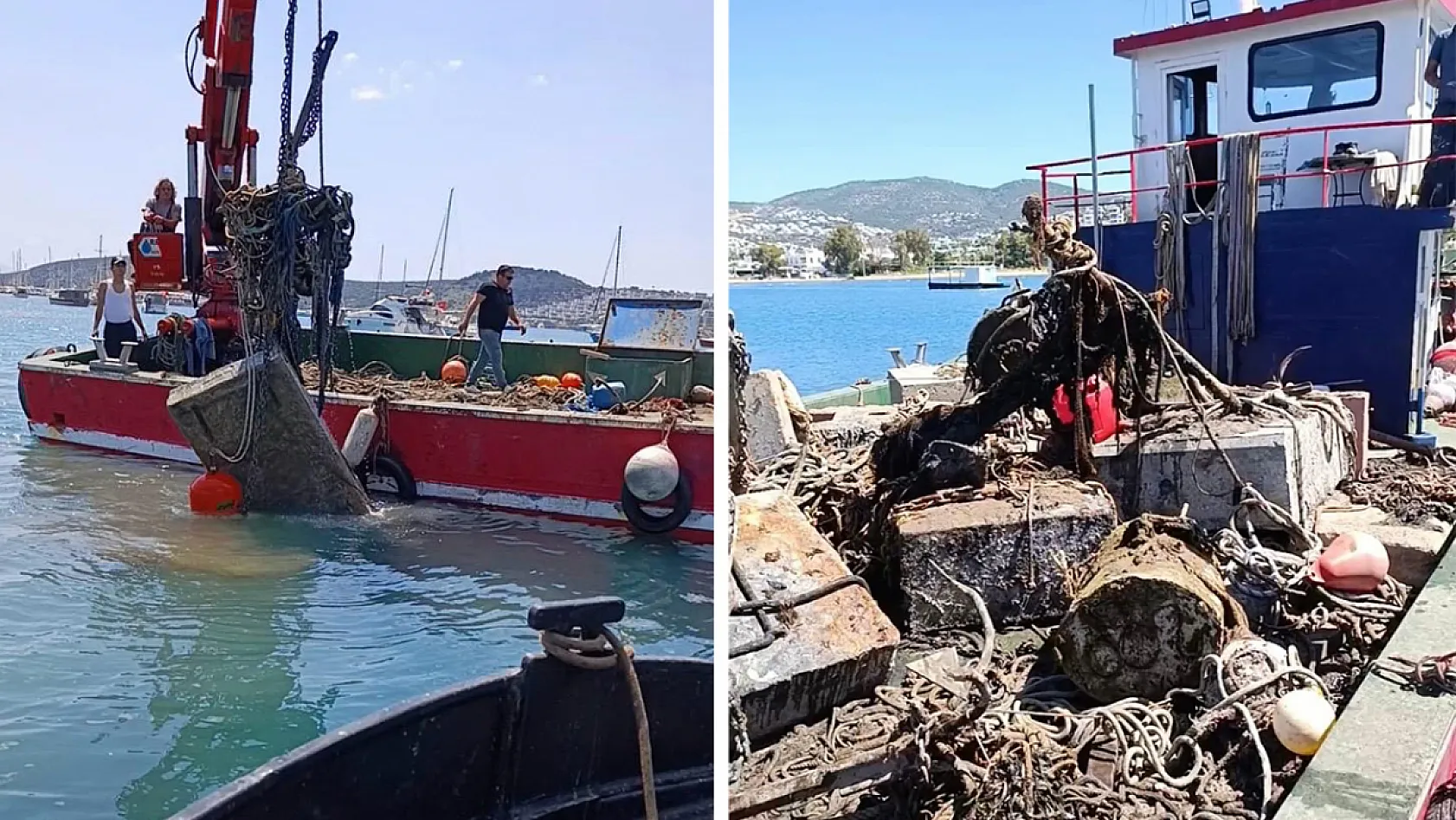 Bodrum'da denizdeki tonozlar ve atıklar dalgıçlar eşliğinde vinçle çıkarıldı