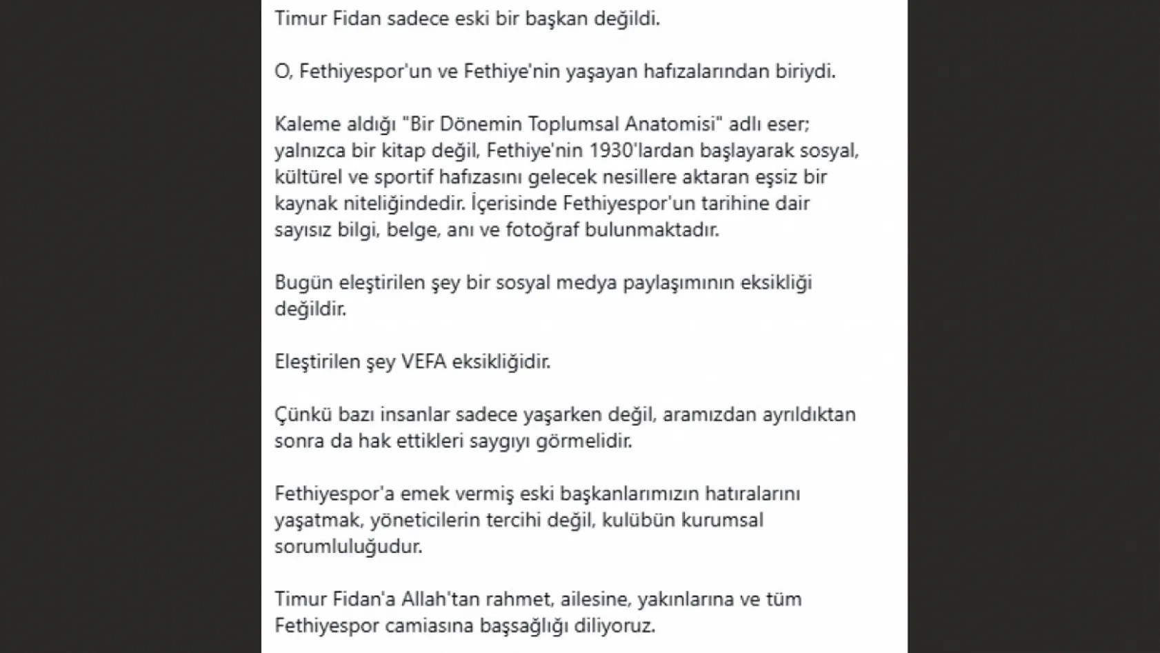 Fethiyespor, Timur Fidan İçin Post Paylaşmadı, Taraftar Grubu: 'Utandırdınız'