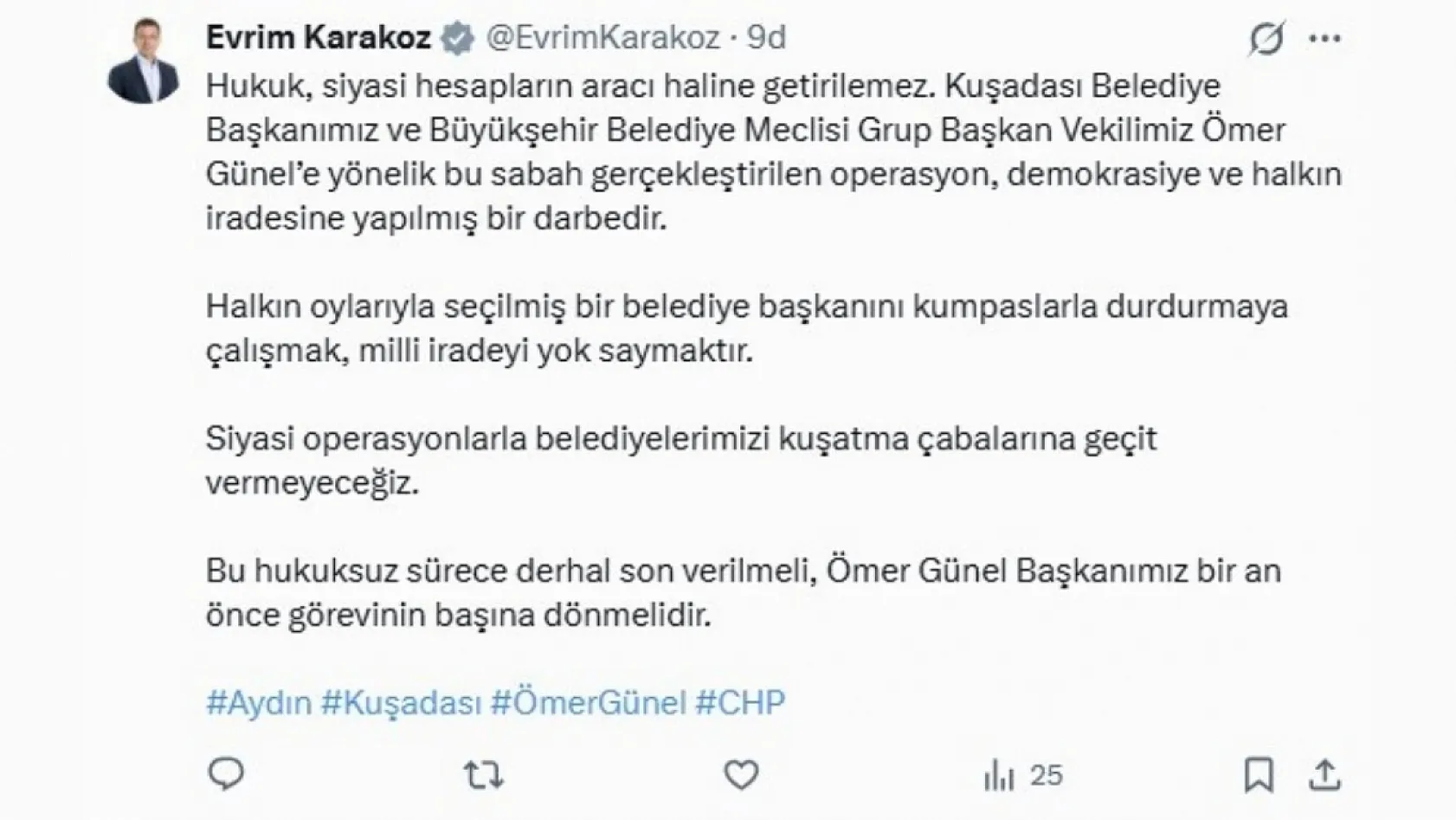 Kuşadası Belediye Başkanı Ömer Günel'in gözaltına alınmasına CHP'li vekillerden tepki